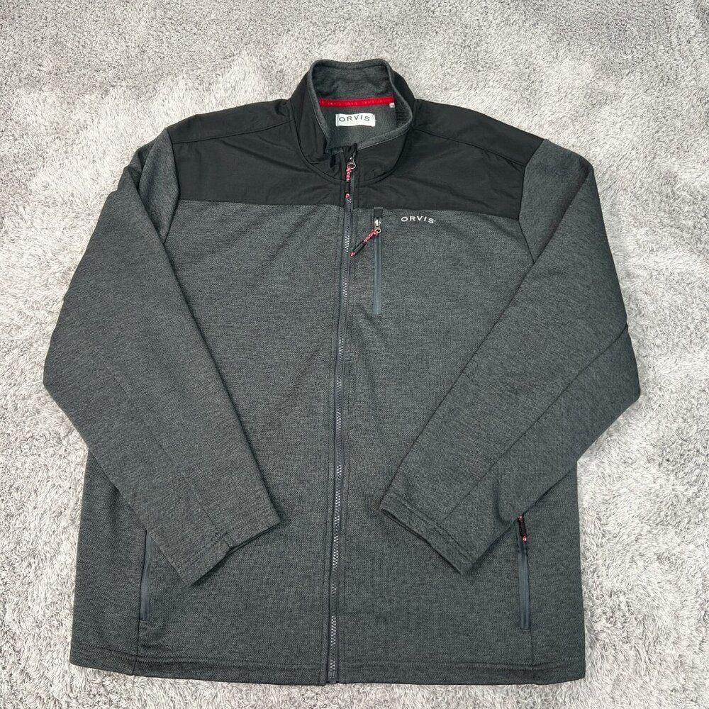 Orvis Jacket Mens 2XL Gray Full Zip Long Sleeve Fleece Pockets Mock Neck